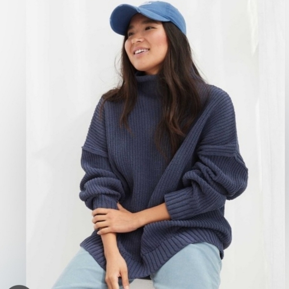 Aerie Women's Navy Dark Teal Turtleneck Sweater Cable Knit Oversized Size XS
